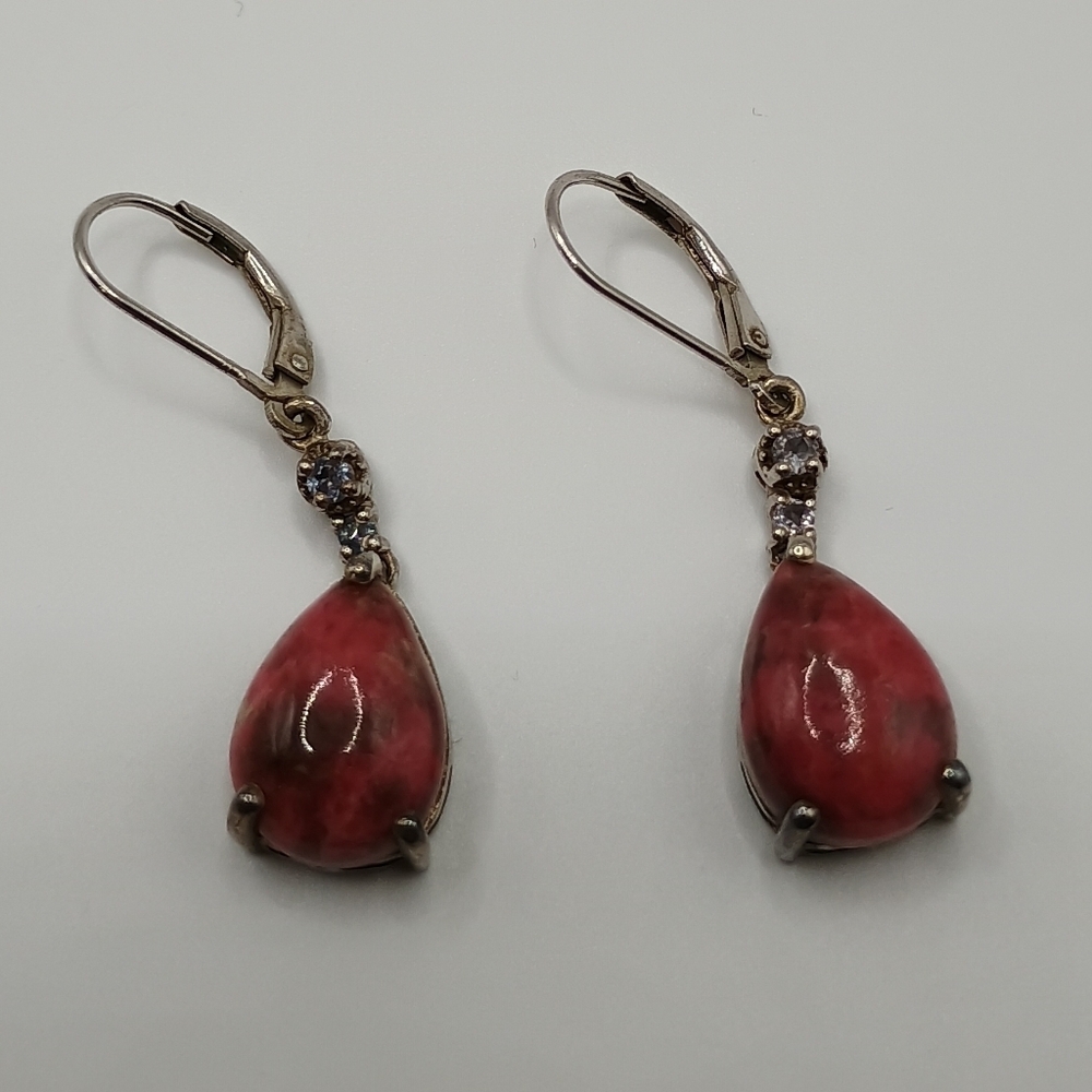 Red Norwegian Thulite And Blue Gemstone Sterling Silver Teardrop Earrings